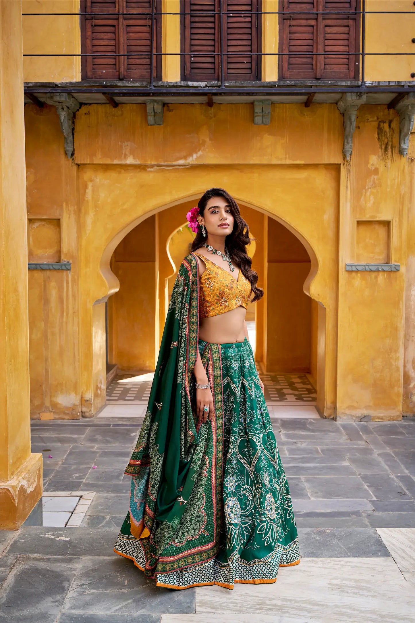Bottle Green Silk Printed Lehenga Choli