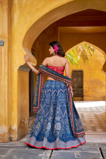 Dusky Blue Silk Printed Lehenga Choli