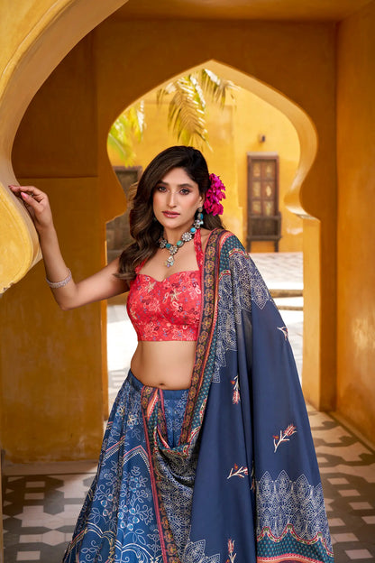 Dusky Blue Silk Printed Lehenga Choli