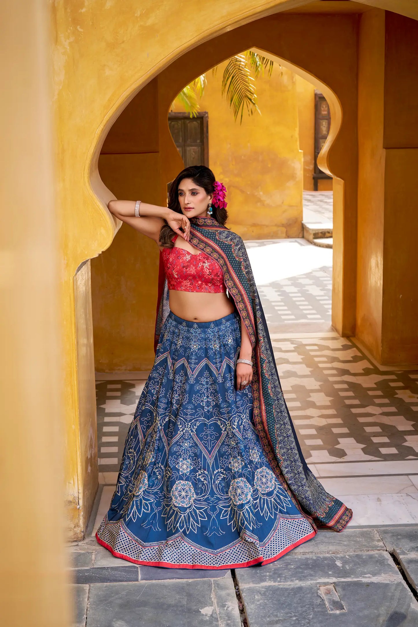 Dusky Blue Silk Printed Lehenga Choli