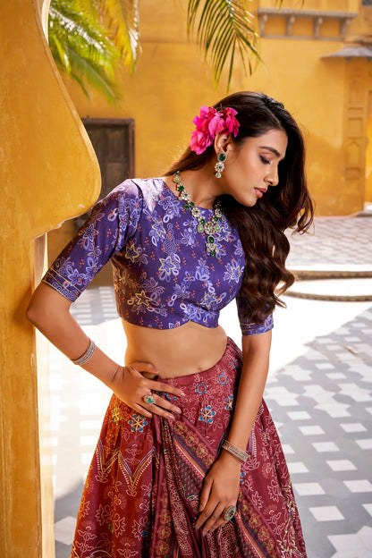 Maroon Silk Printed Lehenga Choli