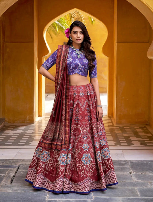 Maroon Silk Printed Lehenga Choli