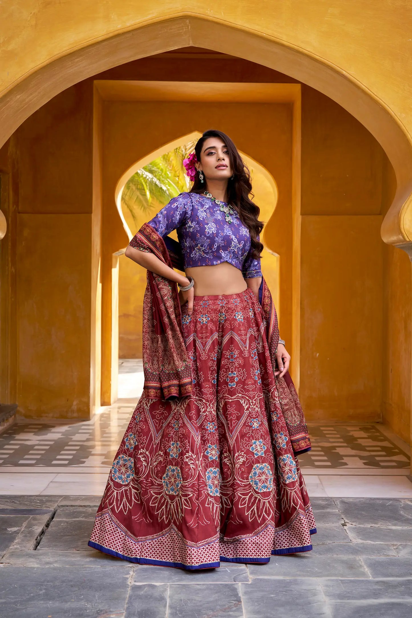 Maroon Silk Printed Lehenga Choli