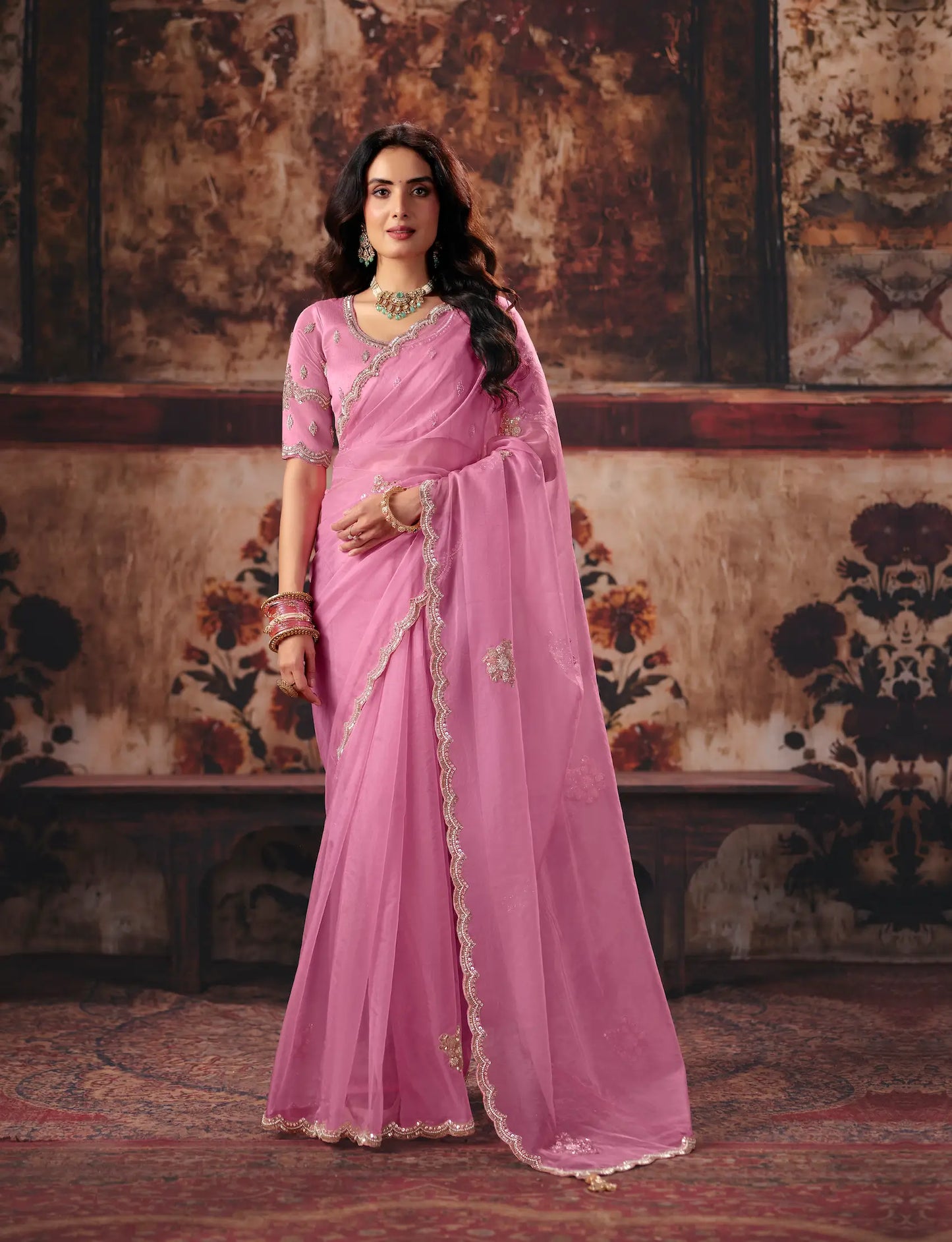 Baby Pink Organza Embroidered Saree