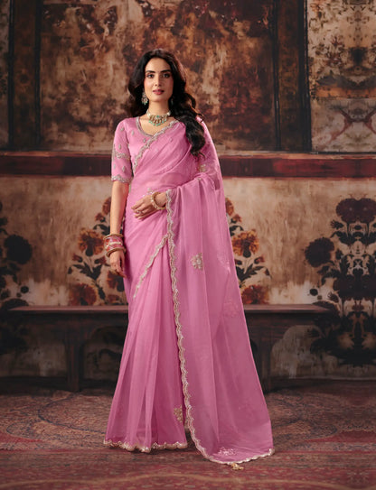 Baby Pink Organza Embroidered Saree