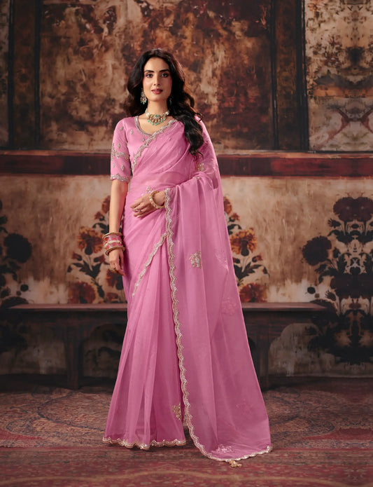 Baby Pink Organza Embroidered Saree