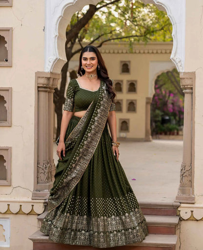 Mehndi Lehenga With Foil Print & Swarovski