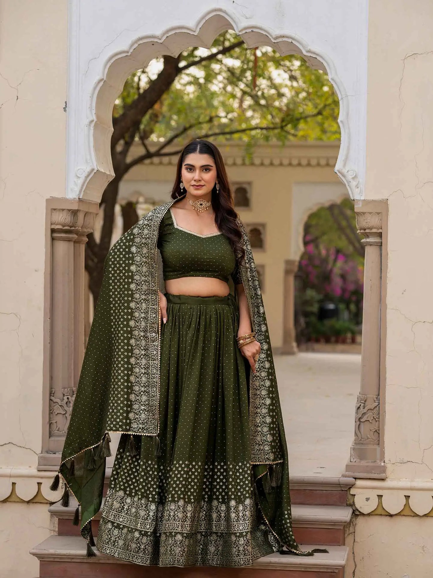 Mehndi Lehenga With Foil Print & Swarovski