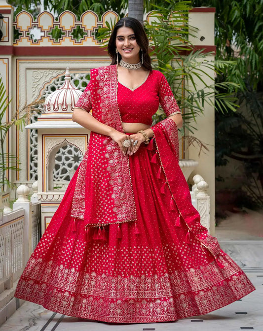 Rani Pink Lehenga With Foil Print & Swarovski