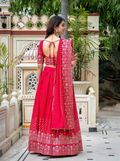Rani Pink Lehenga With Foil Print & Swarovski