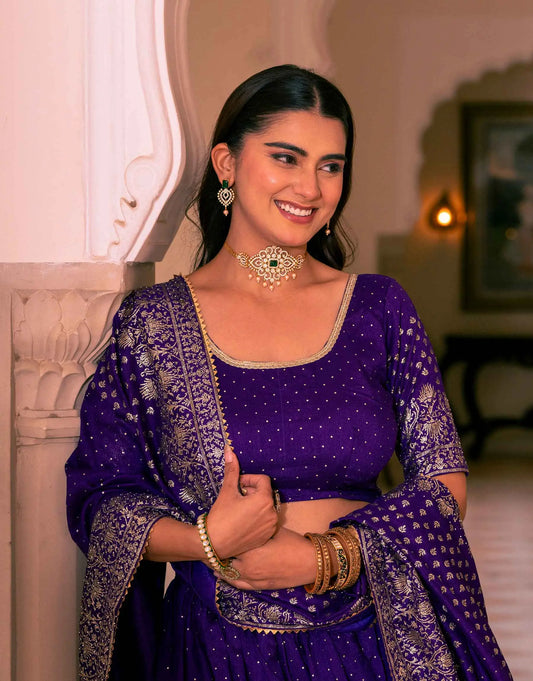 Purple Lehenga With Foil Print & Swarovski Work