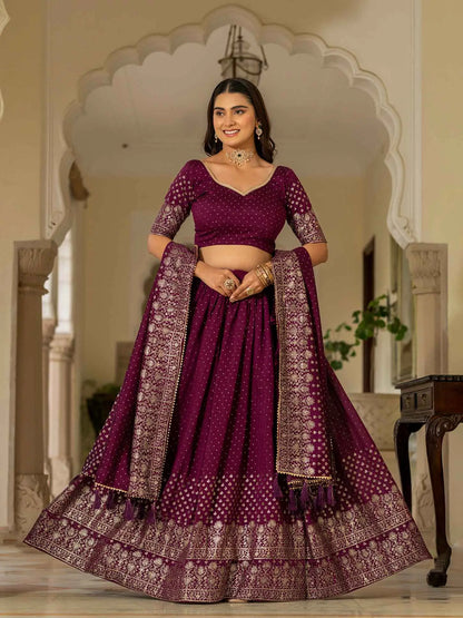 Wine Lehenga With Foil Print & Swarovski
