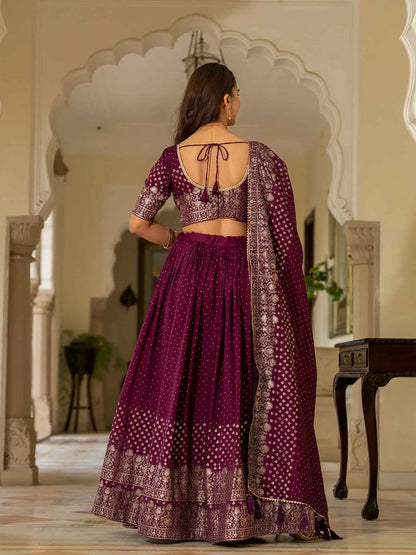 Wine Lehenga With Foil Print & Swarovski