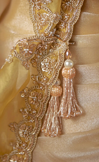 Beige-Gold Satin Embroidered Saree