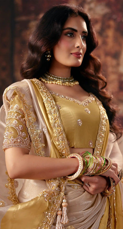 Beige-Gold Satin Embroidered Saree