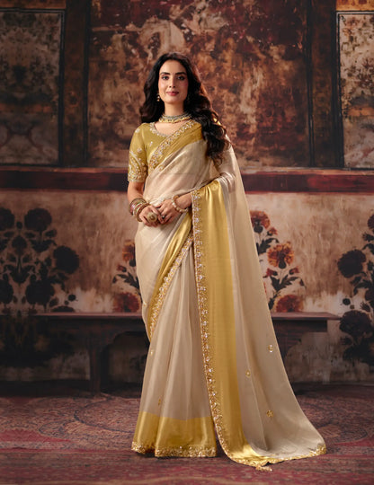 Beige-Gold Satin Embroidered Saree