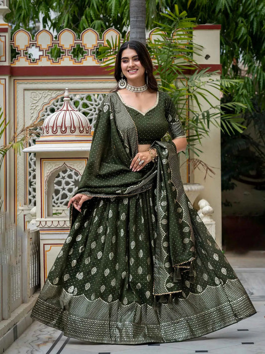 Mehndi Vichitra Silk Lehenga With Foil Print