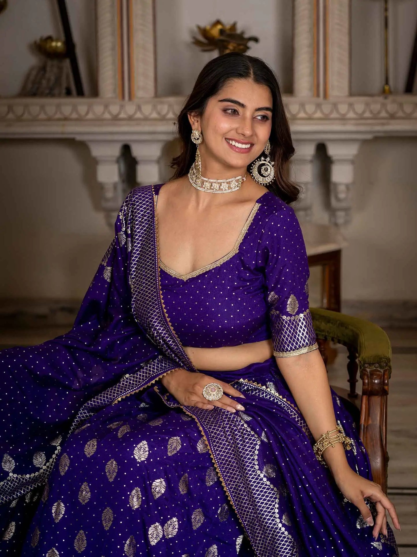Purple Vichitra Silk Lehenga With Foil Print