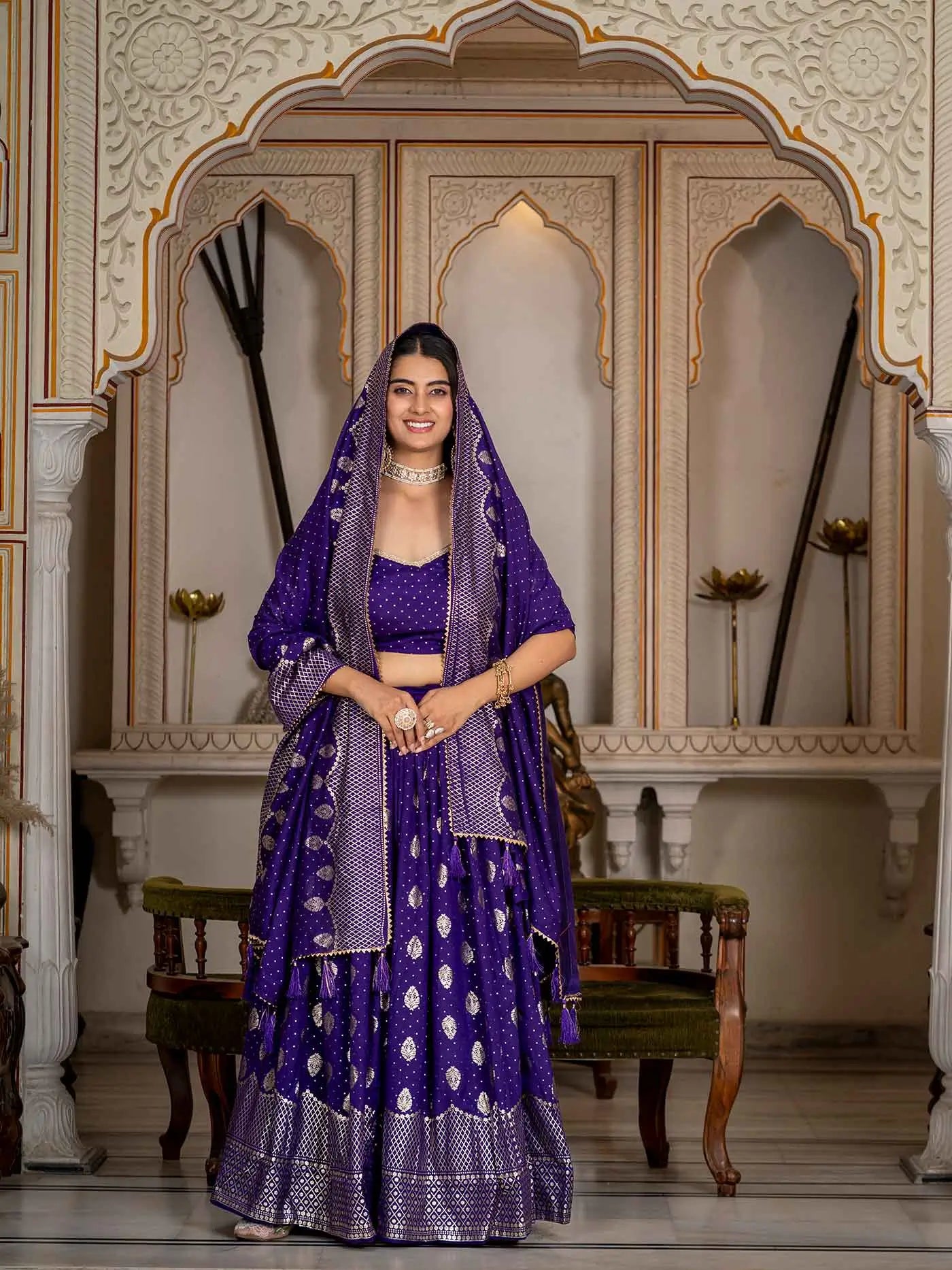 Purple Vichitra Silk Lehenga With Foil Print