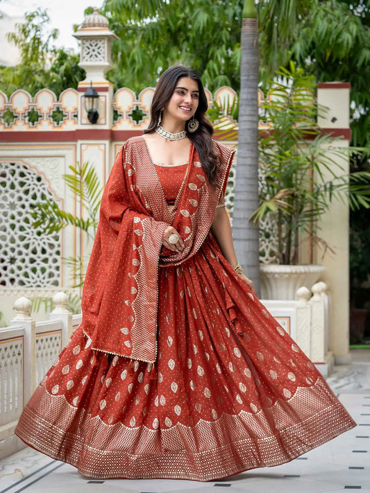 Rust Vichitra Silk Lehenga With Foil Print