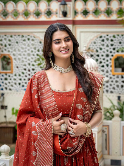 Rust Vichitra Silk Lehenga With Foil Print