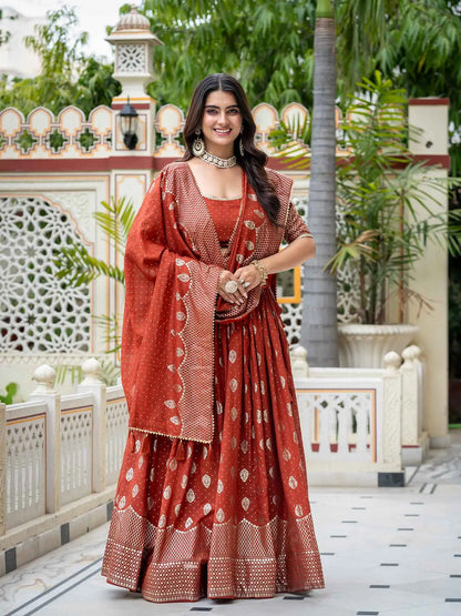 Rust Vichitra Silk Lehenga With Foil Print