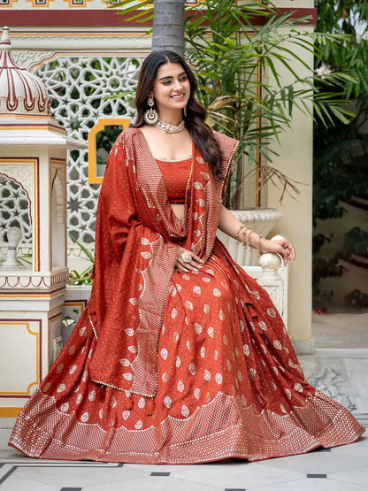 Rust Vichitra Silk Lehenga With Foil Print