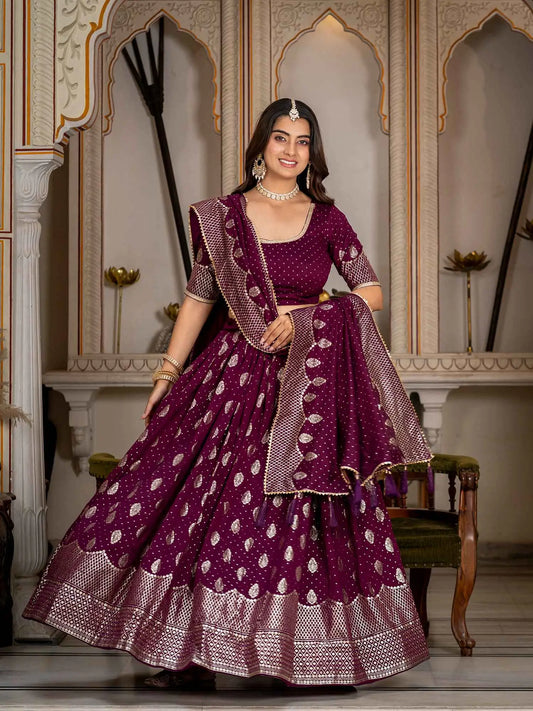 Wine Vichitra Silk Lehenga With Foil Print