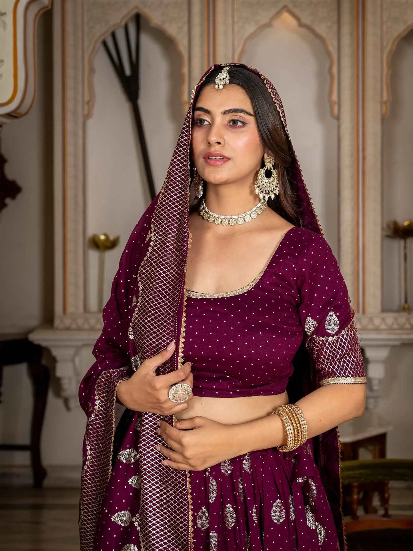 Wine Vichitra Silk Lehenga With Foil Print