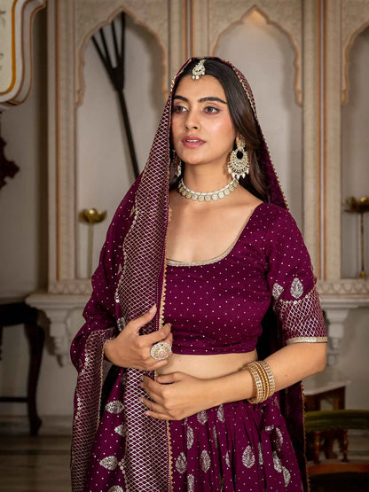 Wine Vichitra Silk Lehenga With Foil Print