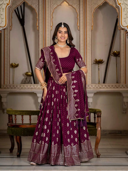 Wine Vichitra Silk Lehenga With Foil Print