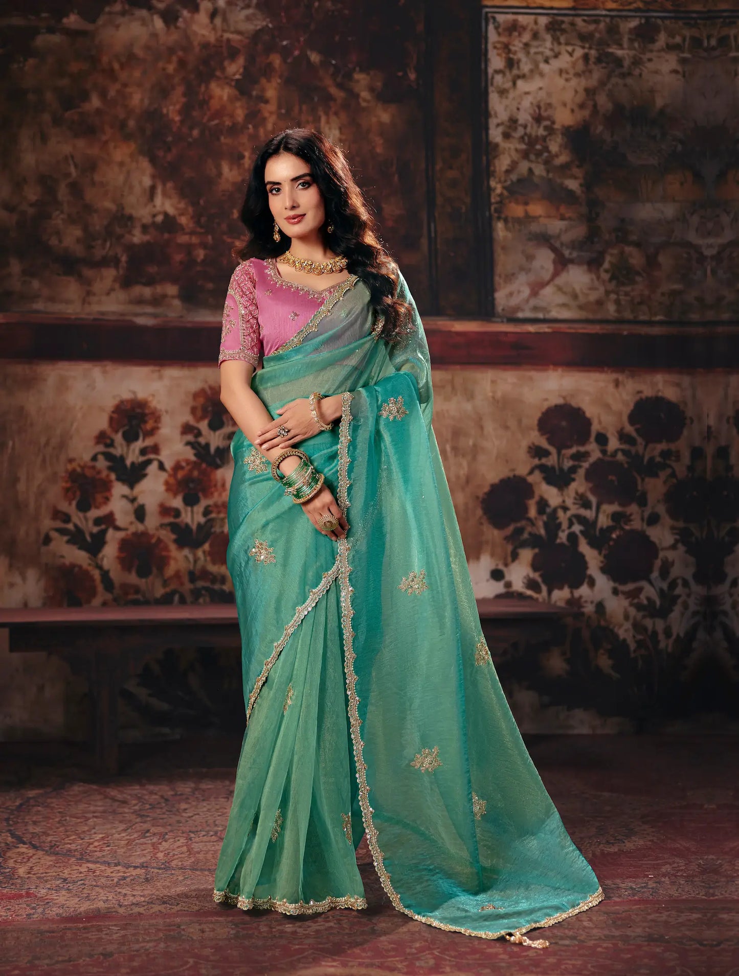 Sea Green Organza Embroidered Saree