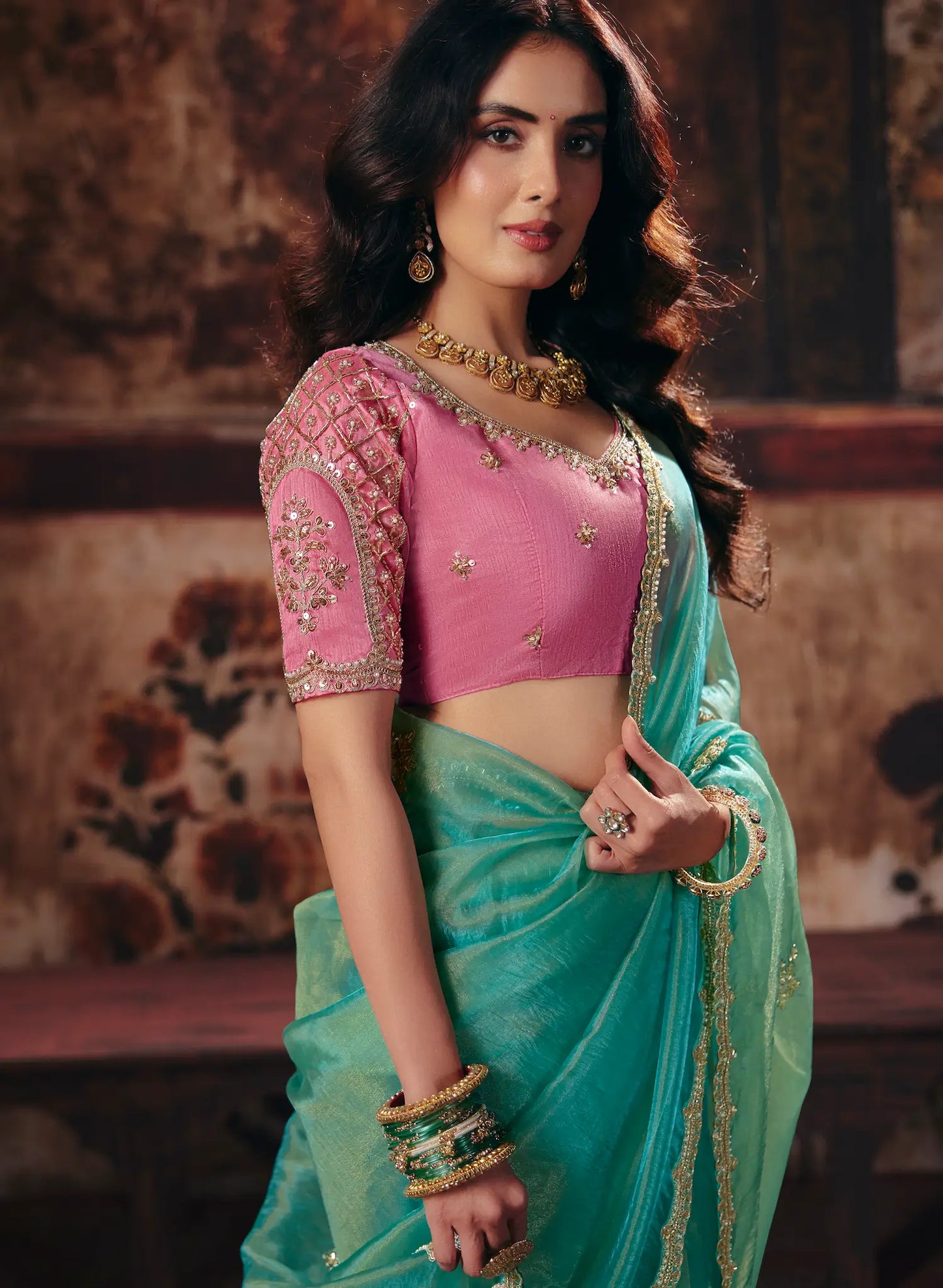 Sea Green Organza Embroidered Saree