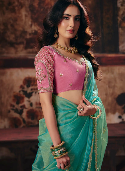 Sea Green Organza Embroidered Saree