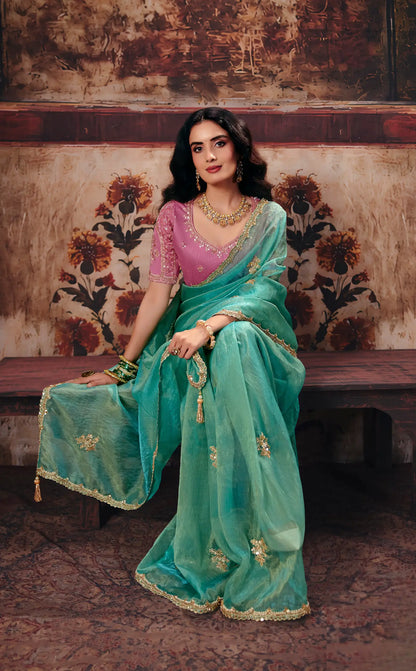 Sea Green Organza Embroidered Saree