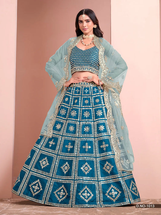 Blue Aqua Art Silk Designer Lehenga Choli With Thread And Sequins Work