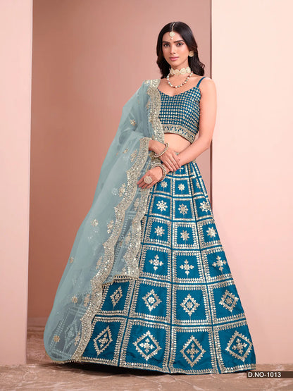 Blue Aqua Art Silk Designer Lehenga Choli With Thread And Sequins Work