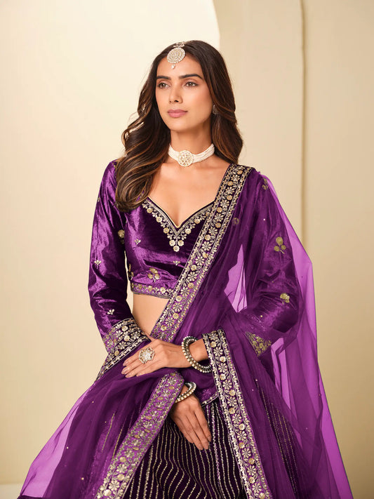 Deep Purple Velvet Lehenga Choli With Embroidery