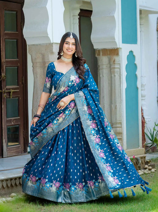 Teal Blue Multi Color Foil Print Lehenga Choli