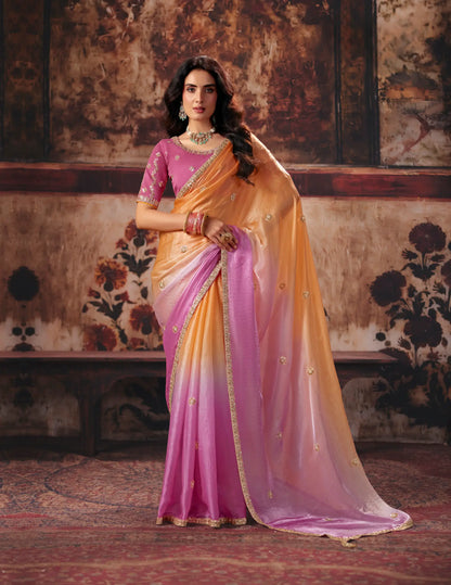 Pink-Orange Satin Embroidered Saree