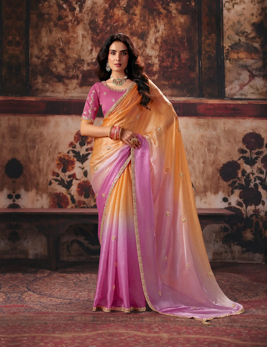 Pink-Orange Satin Embroidered Saree