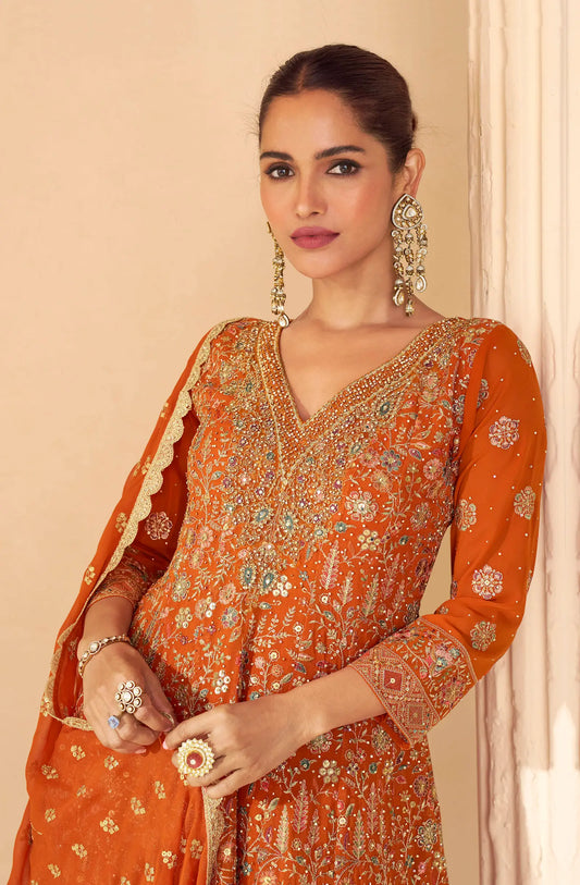 Rust Orange Heavy Embroidery salwar suit