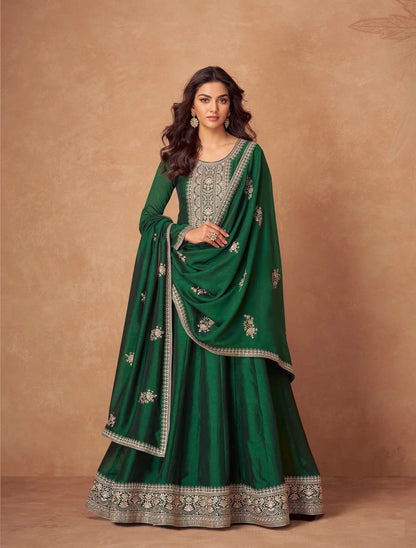 Green Premium Silk Embroidery Work Gown