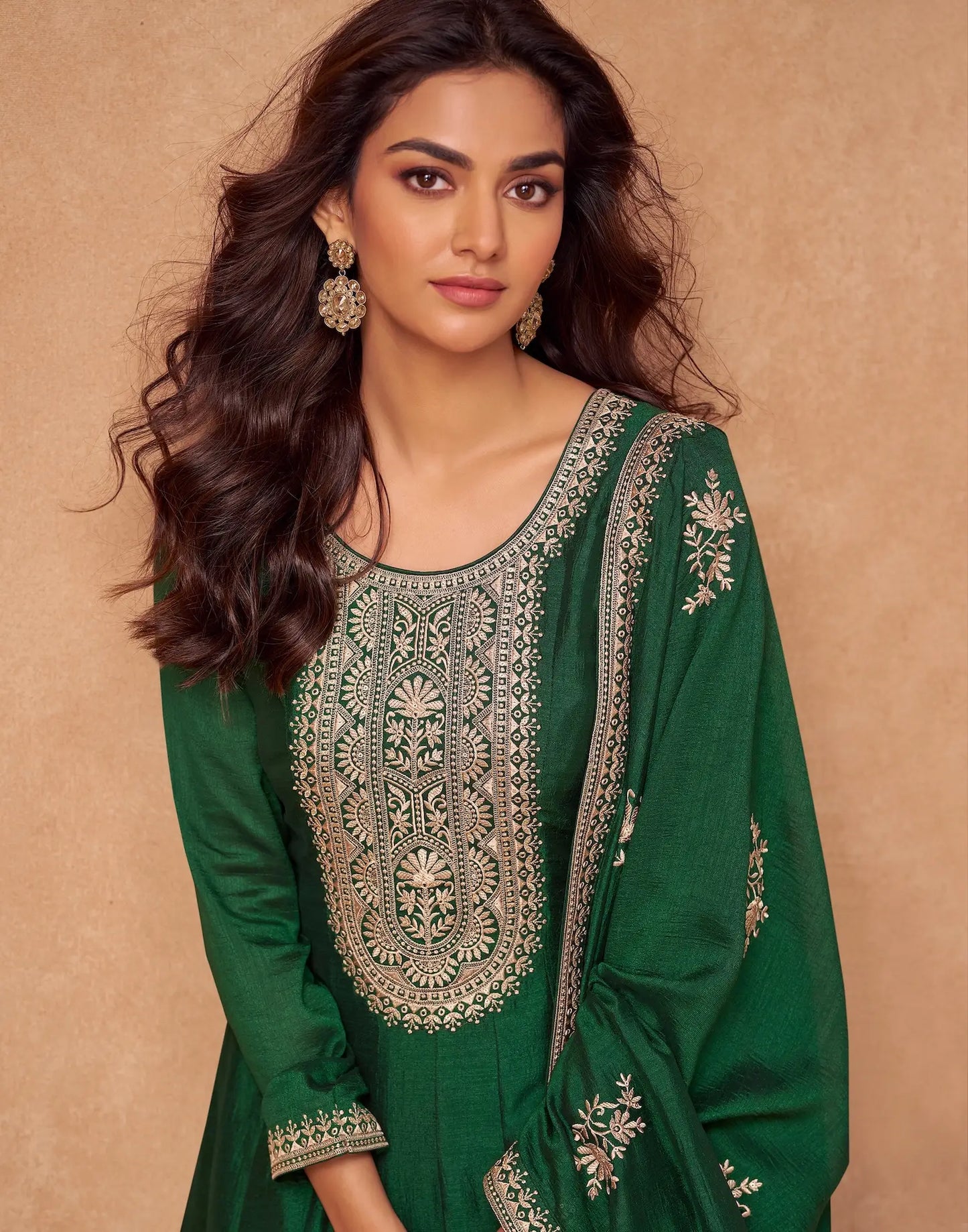 Green Premium Silk Embroidery Work Gown
