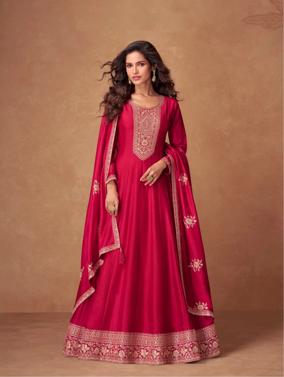 Red Premium Silk Embroidery Work Gown