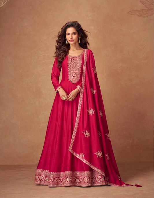 Red Premium Silk Embroidery Work Gown