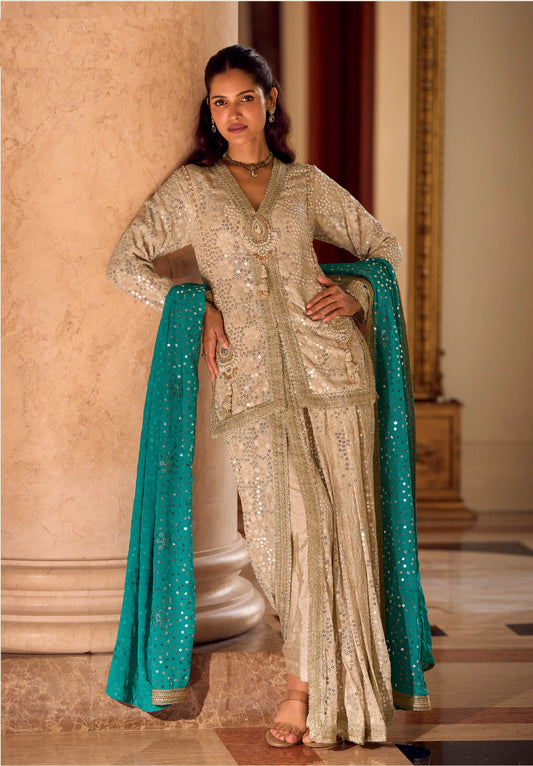 Cream Georgette Embroidered Kurta Dhoti Set with Rama Green Dupatta