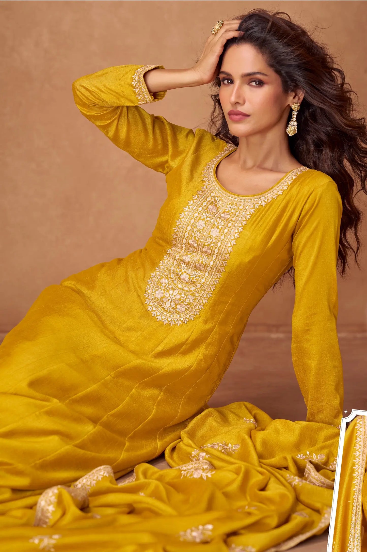 Yellow Premium Silk Embroidery Work Gown