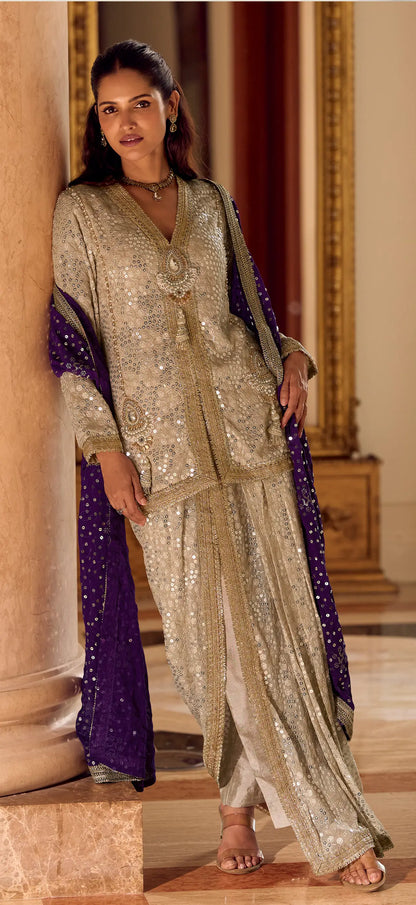 Cream Georgette Embroidered Kurta Dhoti Set with Purple Dupatta