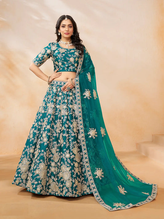 Teal blue art silk lehenga choli with thread and sequence embroidery work full view